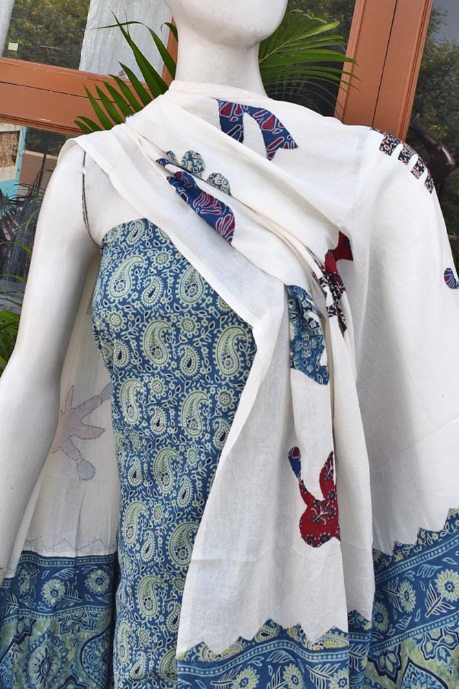 Beautiful Ajrakh kurta fabric with Hand Patch work dupatta