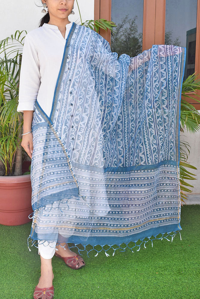 Hand Block Printed Kota Cotton Dupatta with zari border