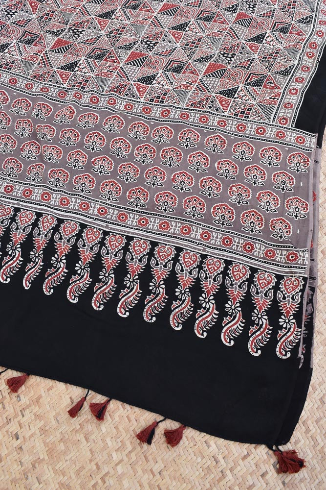 Elegant Modal Silk Ajrakh Block Print Dupatta with tassels