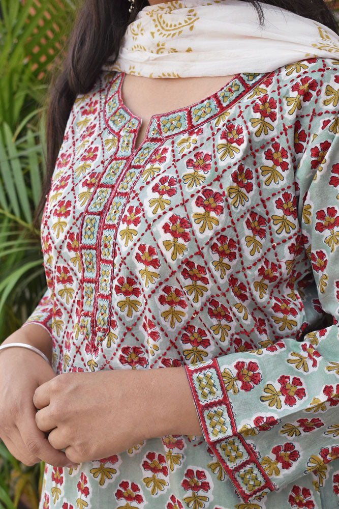 Hand Block Printed Cotton suit with Hand Embroidery - Kurta , Cotton Dupatta & Pant - 40, 44 , 46