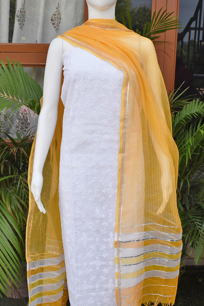 Premium Kota Unstitched suit with Schiffli & sequin work & Hand Block Print Dupatta
