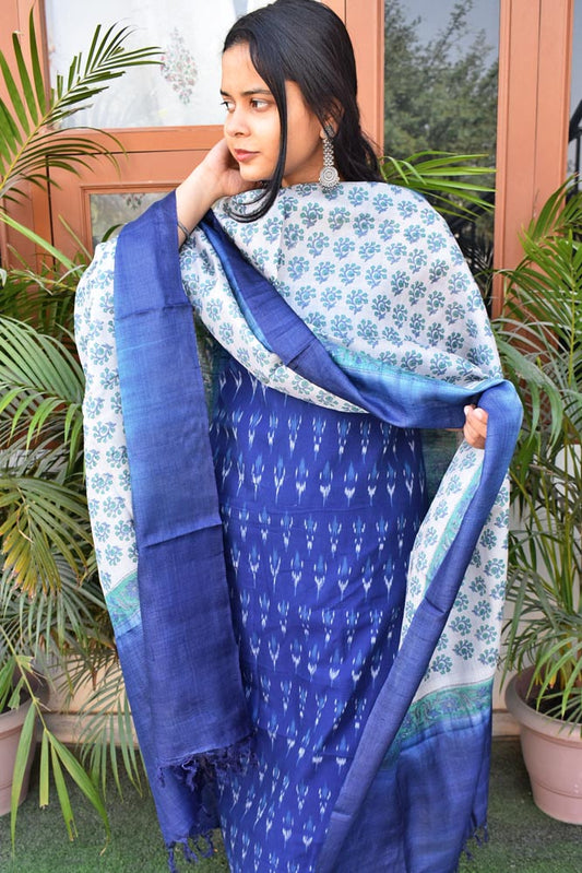 ElegantHand Block Printed Tussar Silk dupatta with Mercerized Ikkat Kurta fabric