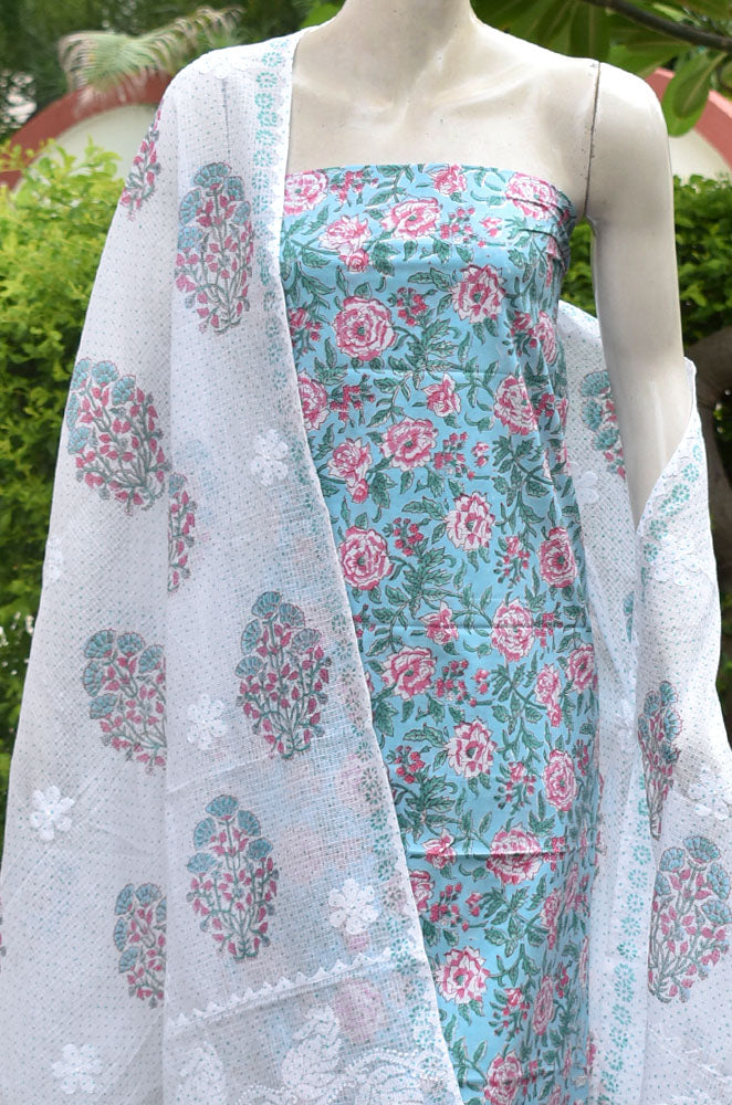 Exquisite Cotton unstitched suit with Block Printed Kota dupatta with Hand Chikankari embroidery