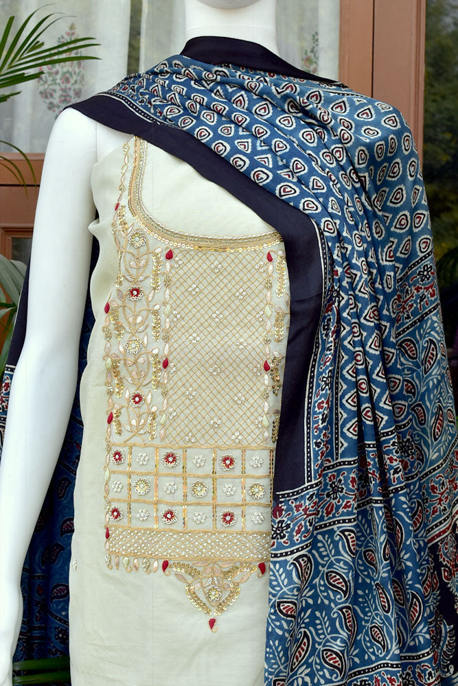Exquisite Hand Embroidered Chanderi Kurta fabric & Ajrakh Dupatta with Zari patta & Tassels