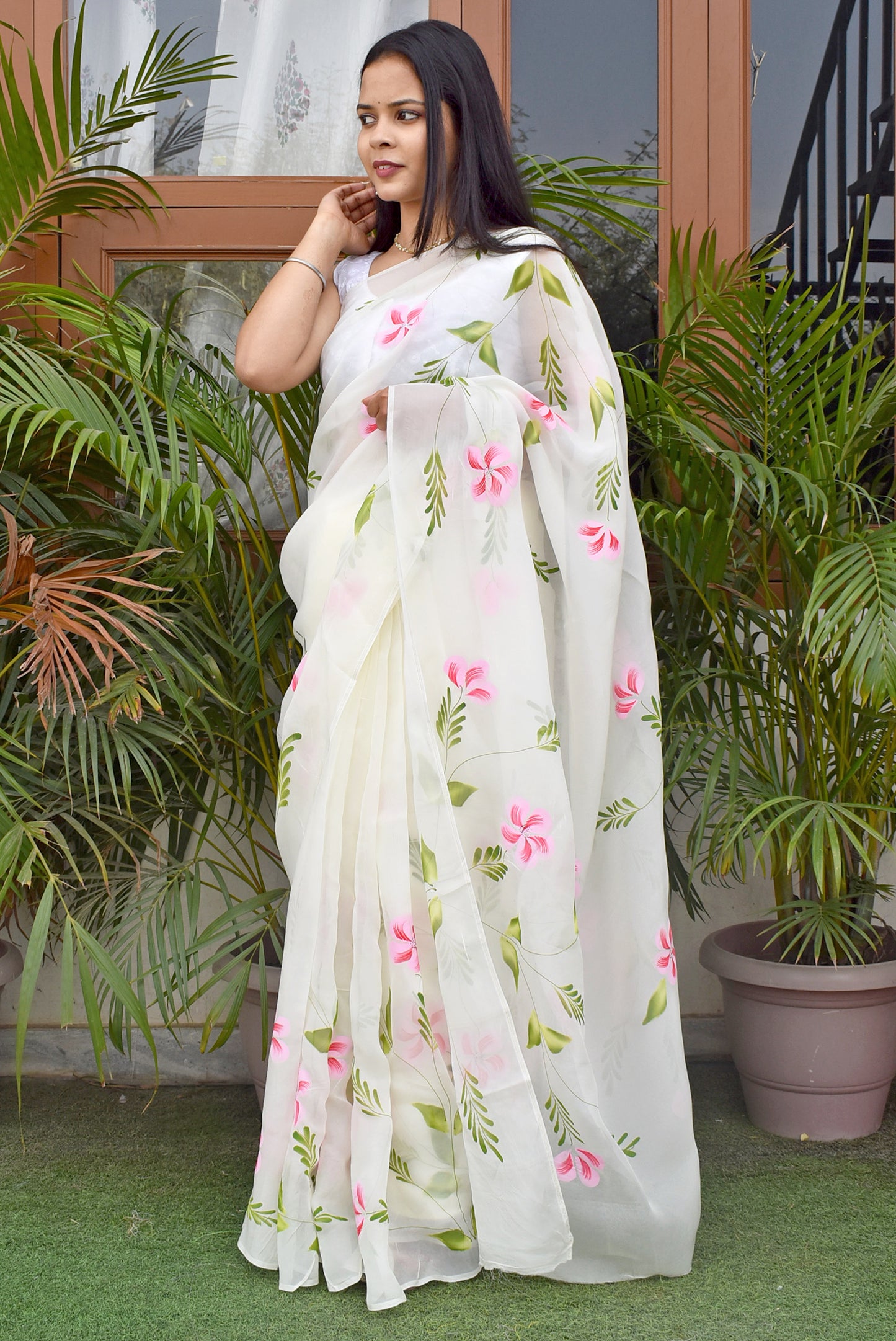 Prakriti : Beautiful Organza Saree with Hand Painted Floral Motifs