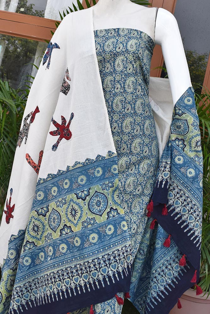 Beautiful Ajrakh kurta fabric with Hand Patch work dupatta