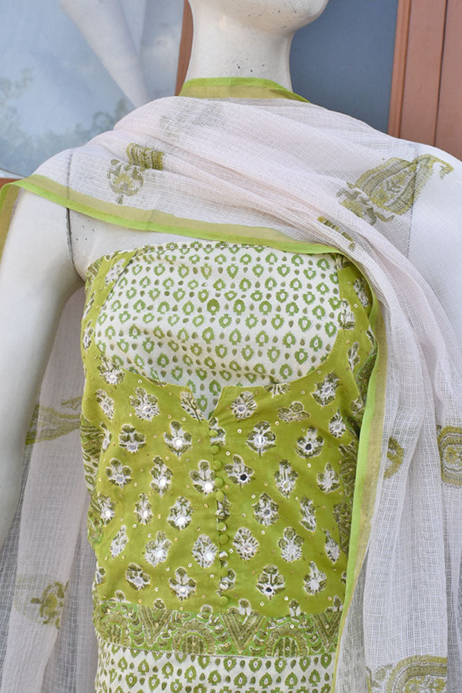 Beautiful Cotton Unstitched Suit Fabric with Embroidery, sequin & mirror work & Kota Doriacotton dupatta