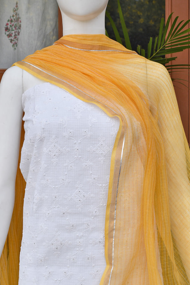 Premium Kota Unstitched suit with Schiffli & sequin work & Hand Block Print Dupatta