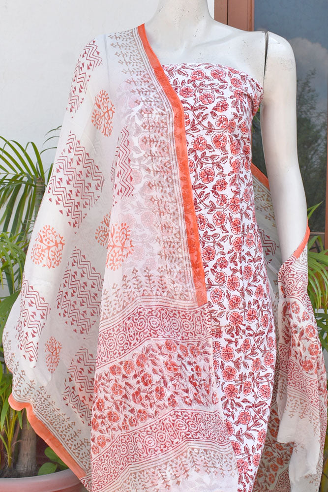 Hand Block Printed Cotton unstitched suit fabric with Chiffon dupatta