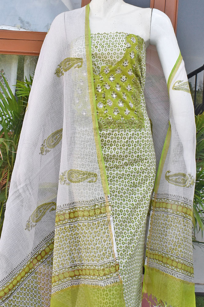 Beautiful Cotton Unstitched Suit Fabric with Embroidery, sequin & mirror work & Kota Doriacotton dupatta