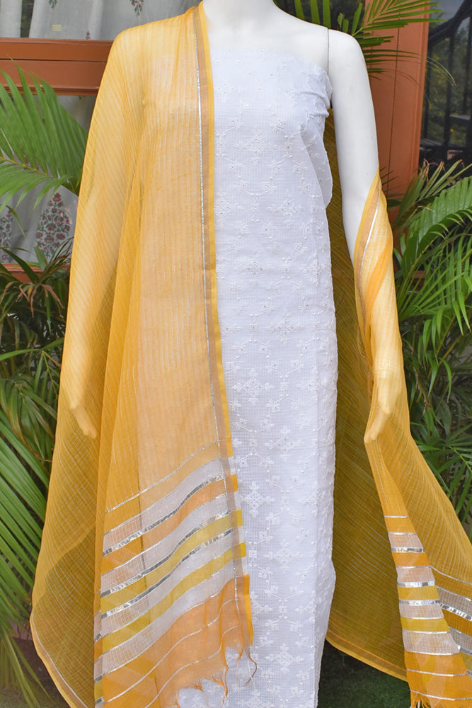 Premium Kota Unstitched suit with Schiffli & sequin work & Hand Block Print Dupatta