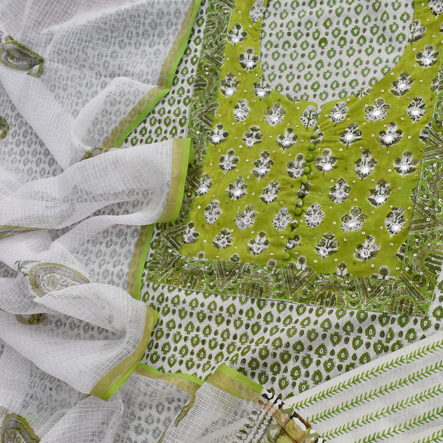 Beautiful Cotton Unstitched Suit Fabric with Embroidery, sequin & mirror work & Kota Doriacotton dupatta