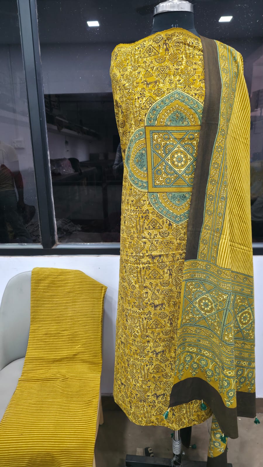 Designer Ajrakh Cotton Unstitched suit with panel design, Ajrakh Dupatta & Bottom- 3 piece set