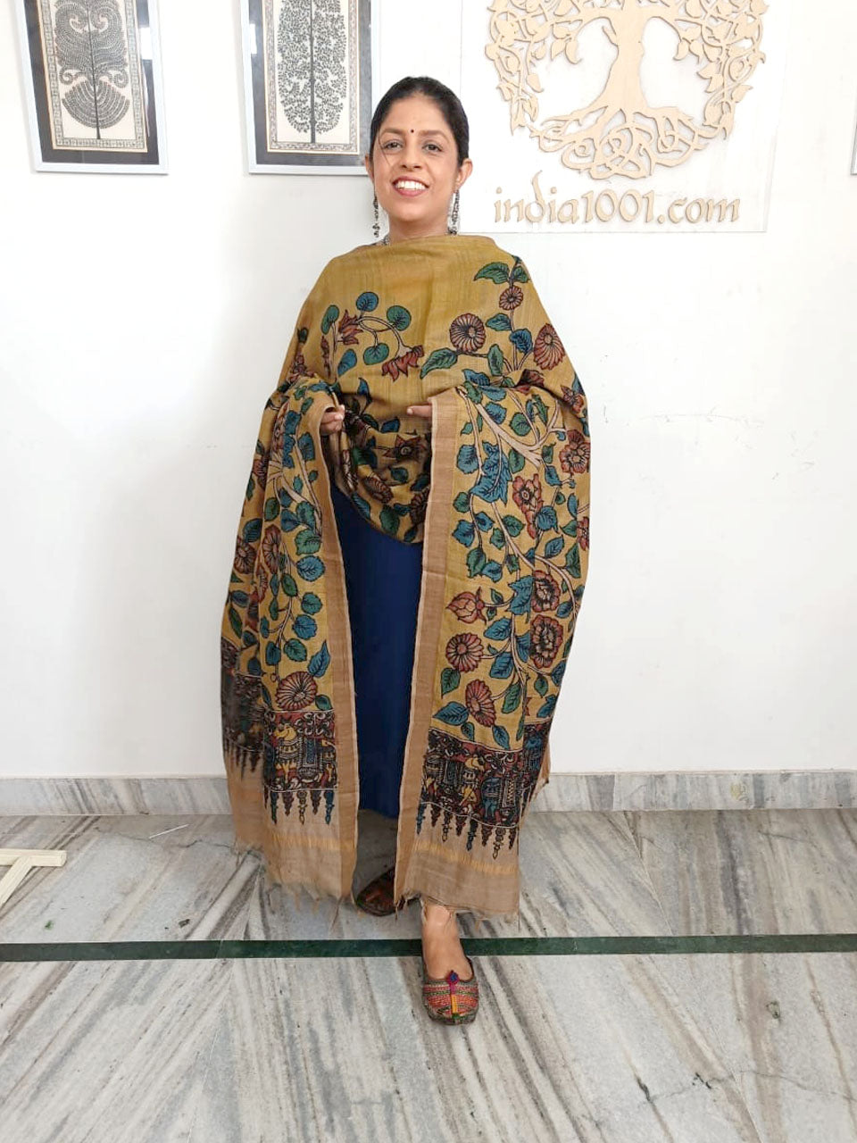 Earthy Hand Painted Kalamkari Desi Tussar Silk Dupatta