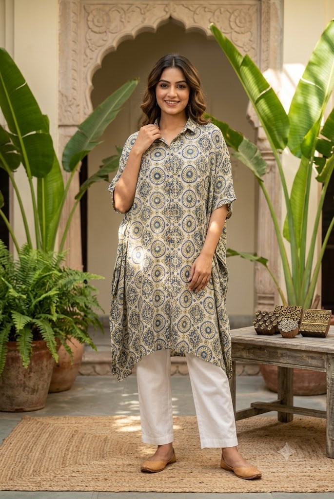 Beautiful Ajrakh Modal Silk Kaftan
