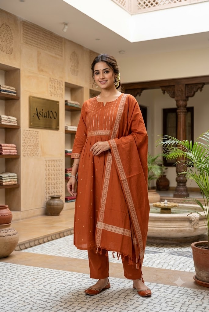Designer Hand Block Printed Cotton 3 pc Suit - 40 to 46 size