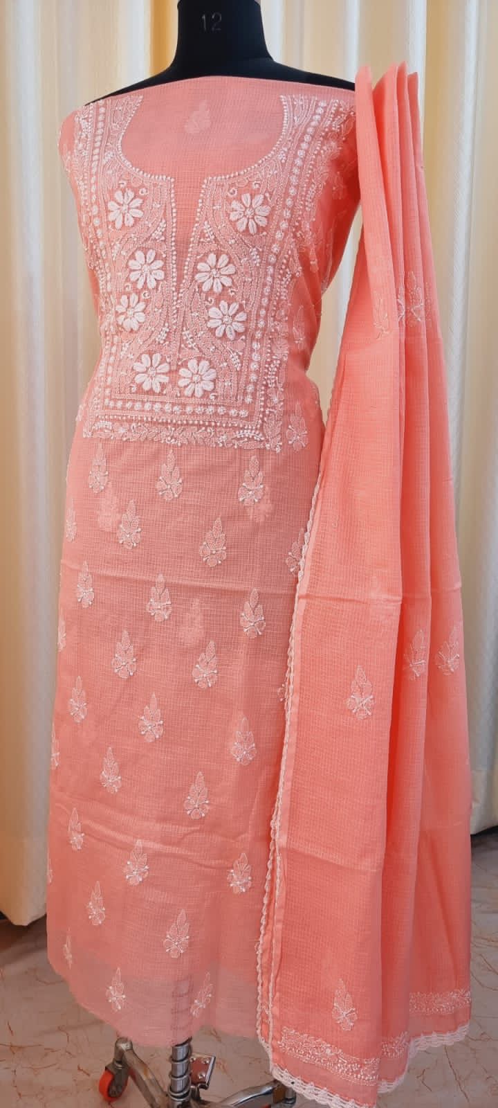 Elegant Kota Doria Kurta & Dupatta Set with Lucknowi Hand Chikankari embroidery