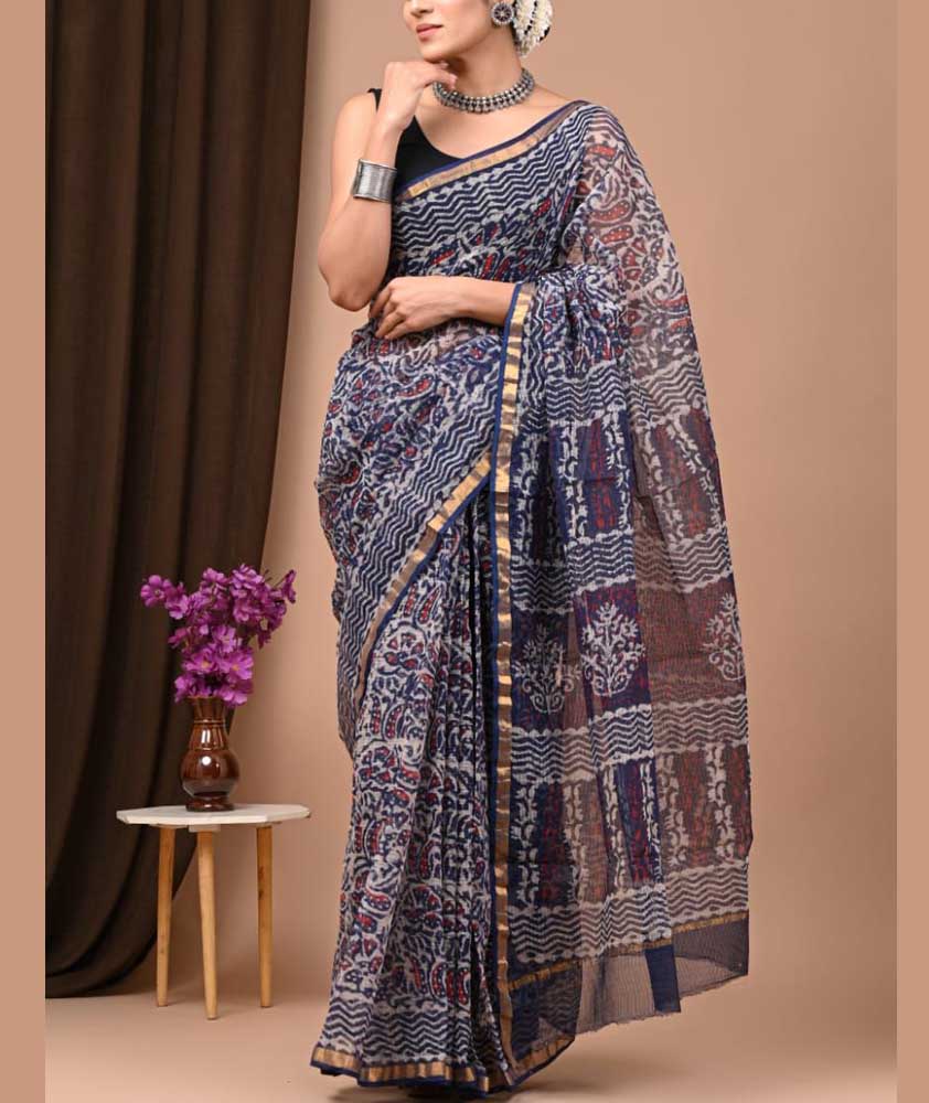 Beautiful Hand Block Printed Kota cotton Saree with zari border