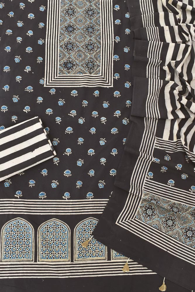 Hand Block Print Ajrakh Cotton Suit with designer Ajrakh neck yoke pattern