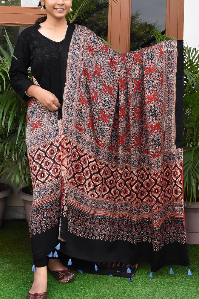 Elegant Modal Silk Ajrakh Block Print Dupatta with tassels