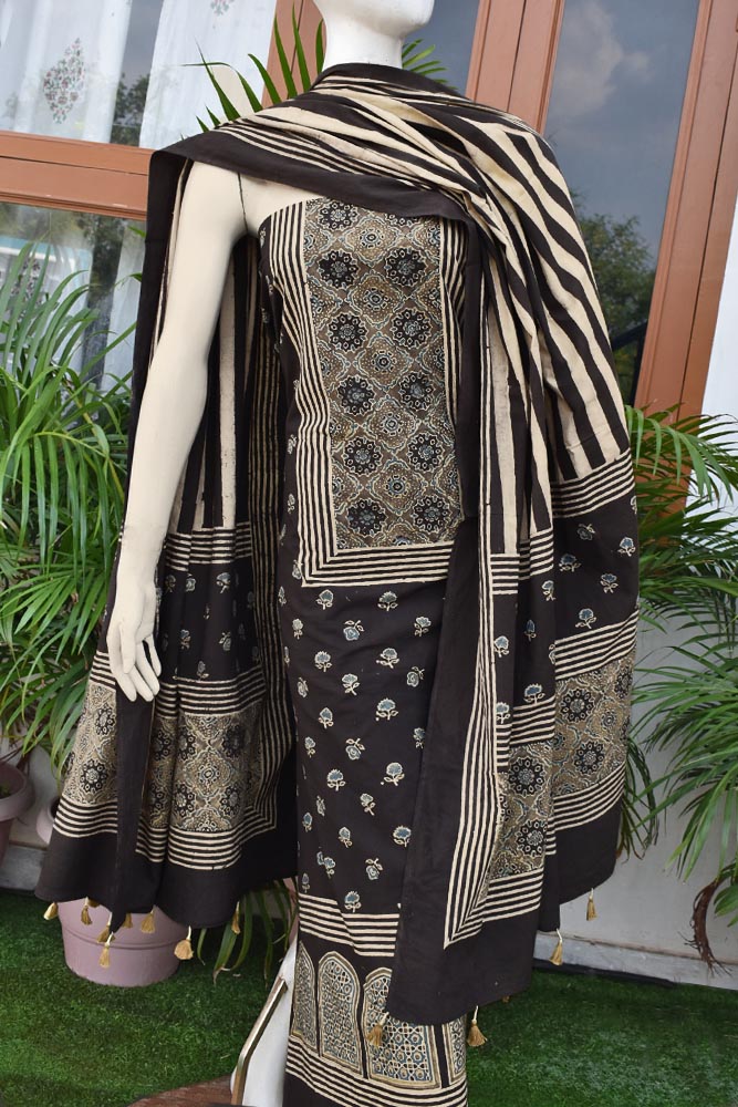 Hand Block Print Ajrakh Cotton Suit with designer Ajrakh neck yoke pattern