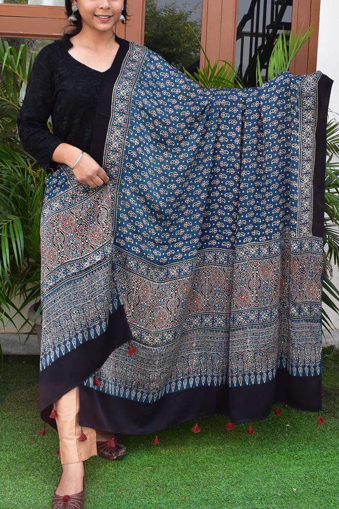 Elegant Modal Silk Ajrakh Block Print Dupatta with tassels