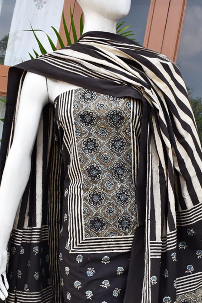 Hand Block Print Ajrakh Cotton Suit with designer Ajrakh neck yoke pattern