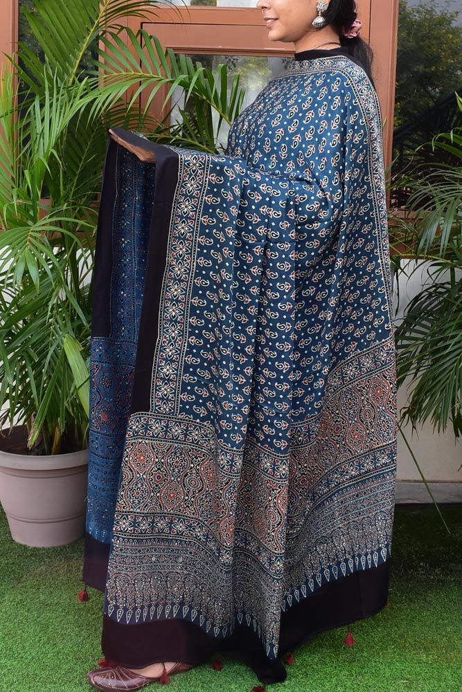 Elegant Modal Silk Ajrakh Block Print Dupatta with tassels