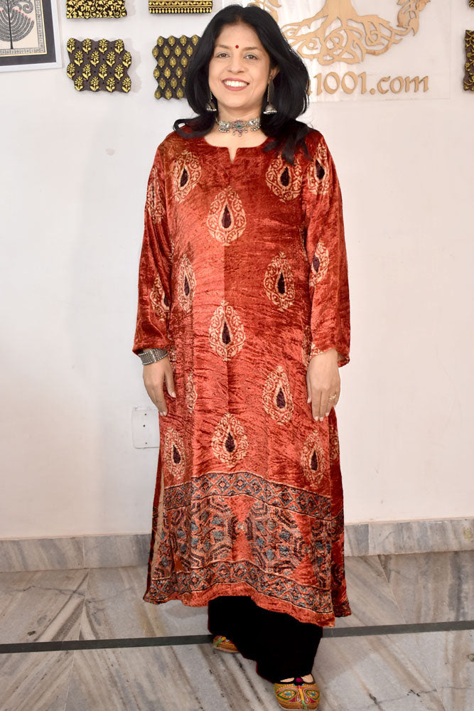 Beautiful Ajrakh Velvet Hand Block Print kurta , Size 38 to 46