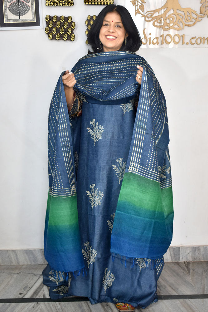 Beautiful Hand Block printed Tussar Silk Kurta Dupatta Set