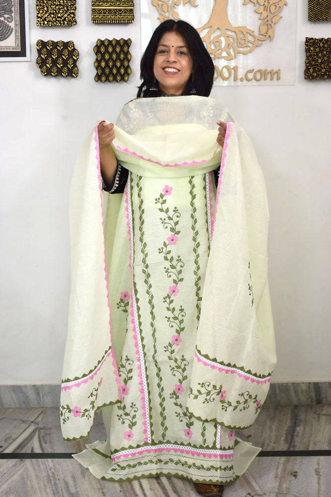 Elegant Kota Unstitched Kurta & Dupatta set with Hand done Phool patti work and Applique border