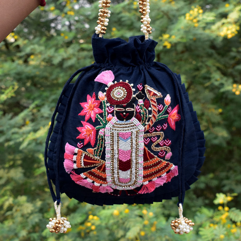 HAND EMBROIDERED SHREENATH JI PEARL & RESHAM , STONE WORK SILK BLEND POTLI BAG FOR GIVEAWAYS FOR WOMEN / RETURN GIFTS & FAVOURS FOR GUESTS