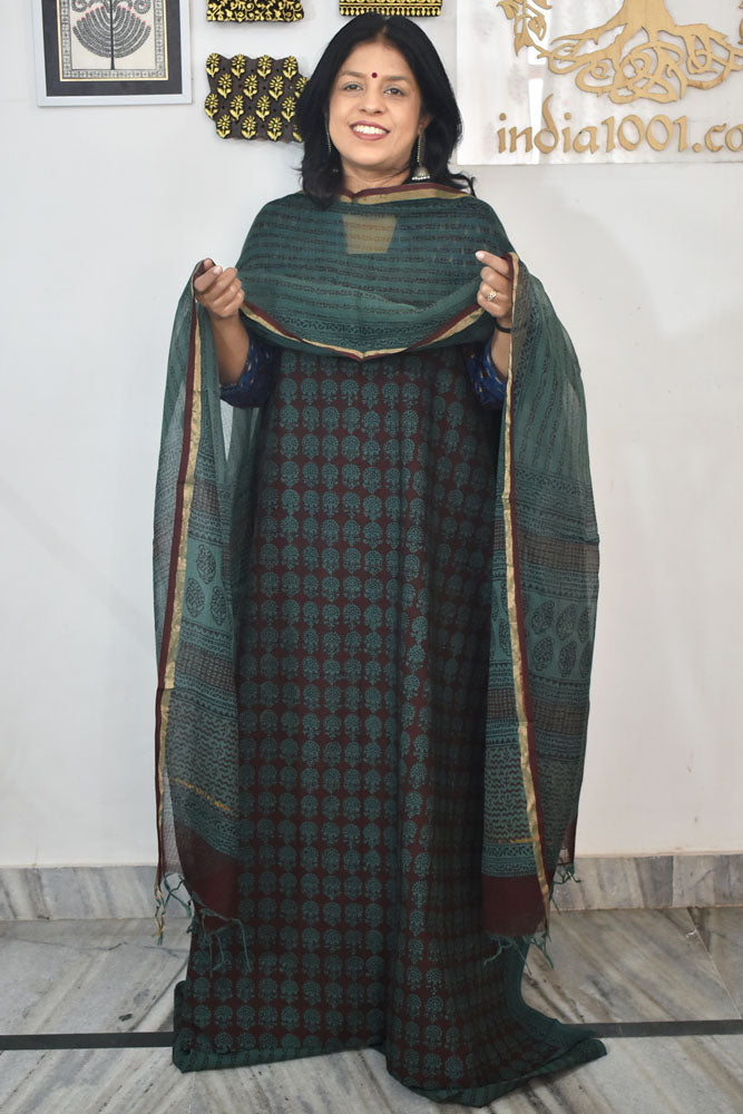 Classic Bagh Block Printed unstitched suit fabric with Kota Doria dupatta