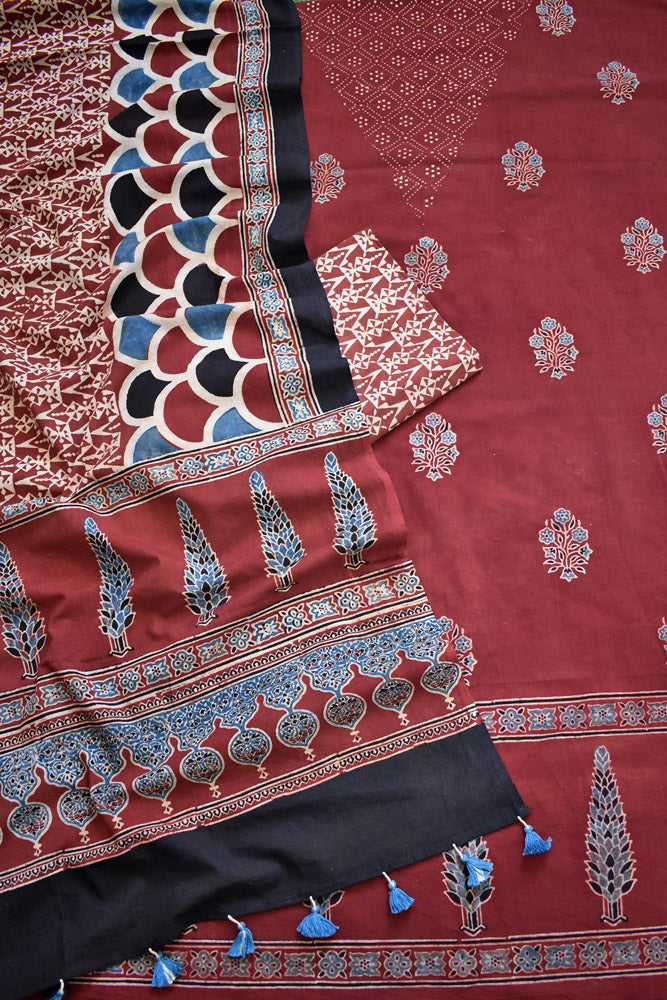 Block Print Ajrakh Cotton Suit with designer Ajrakh neck yoke /panel & Dupatta
