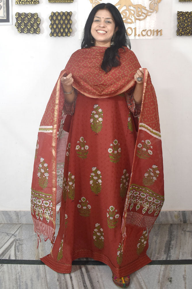 Elegant Hand Block print cotton suit with Schiffli work & Chanderi dupatta