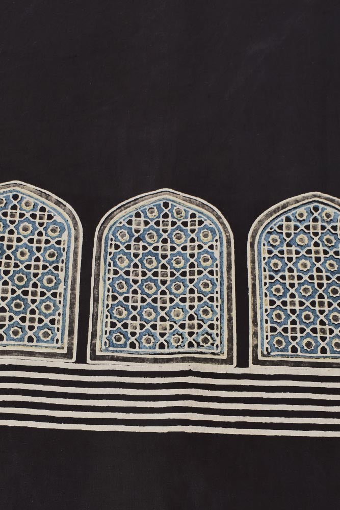 Hand Block Print Ajrakh Cotton Suit with designer Ajrakh neck yoke pattern
