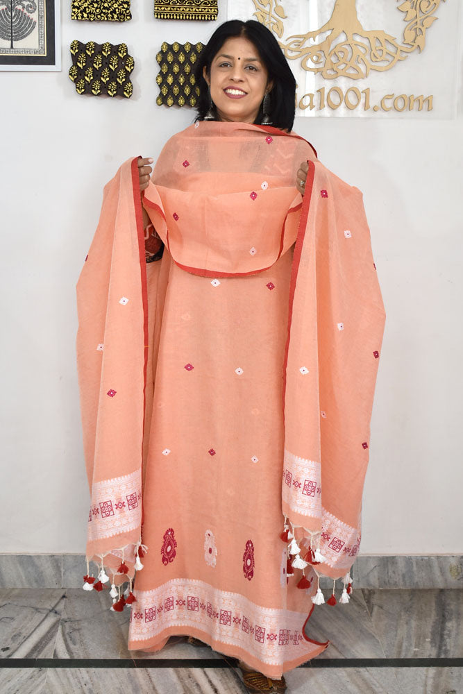 Kalakriti : Beautiful Hand Woven Soft Cotton Jamdani Kurta Fabric & Dupatta set