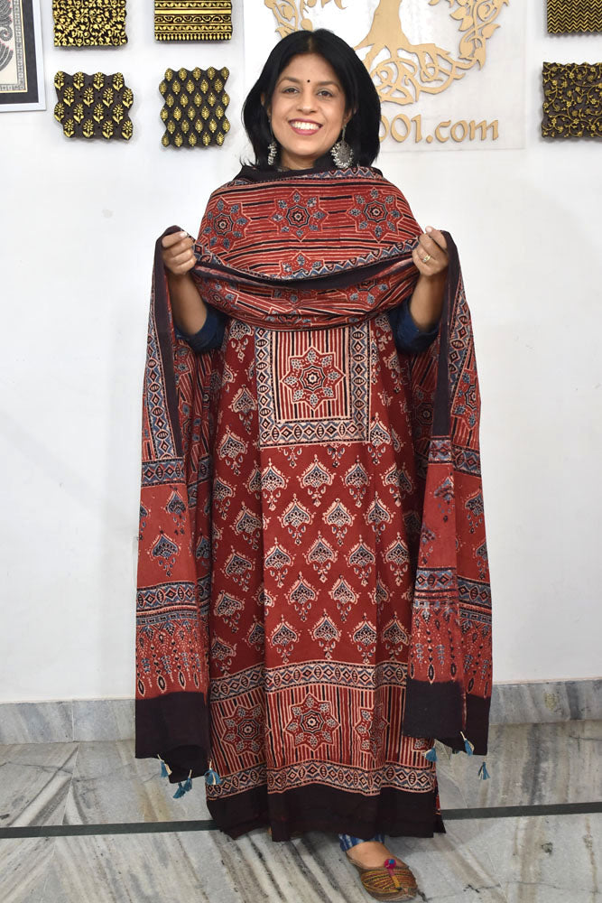 Block Print Ajrakh Cotton Suit with designer Ajrakh neck yoke /panel & Dupatta