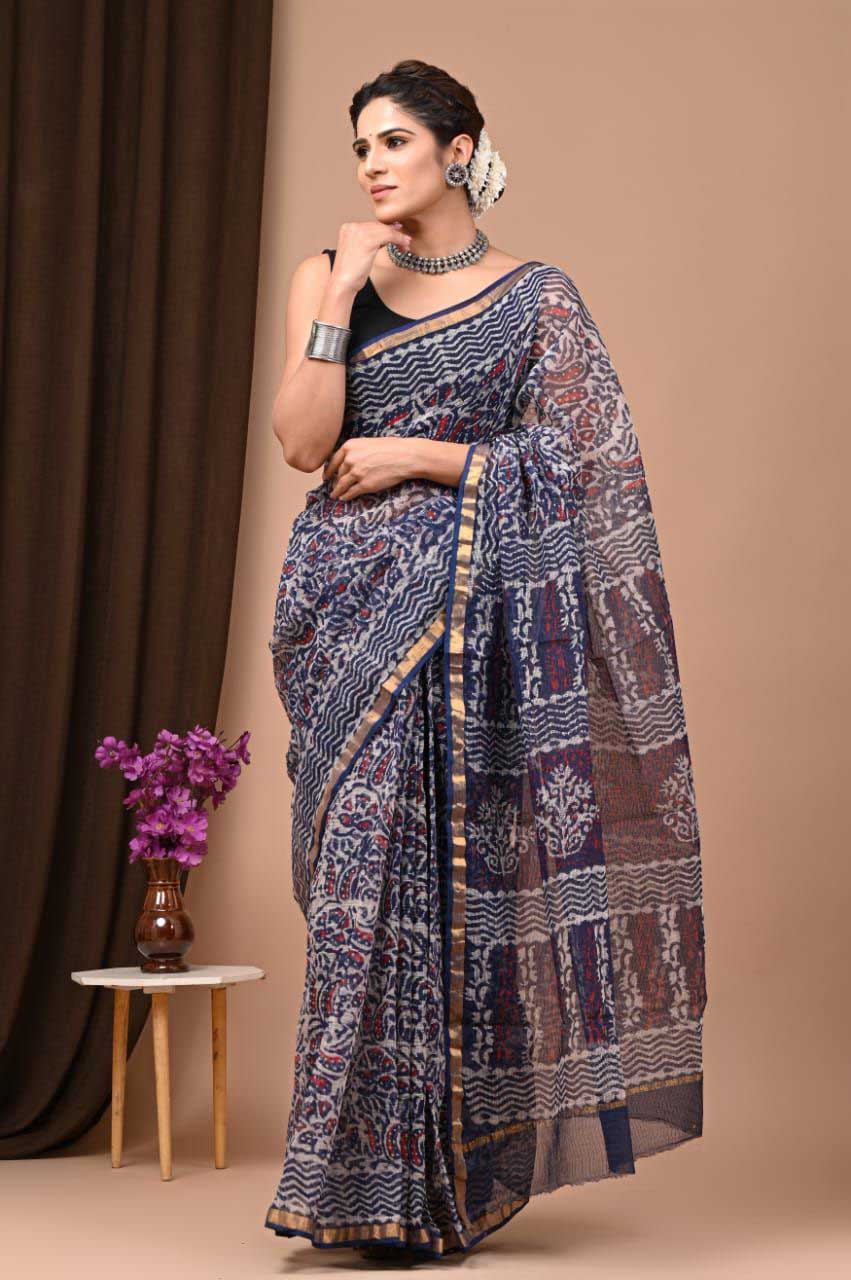 Beautiful Hand Block Printed Kota cotton Saree with zari border