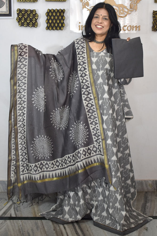 Handwoven Pochampally Cotton kurta with Chanderi Dupatta & Cotton Bottom - 3 pc set