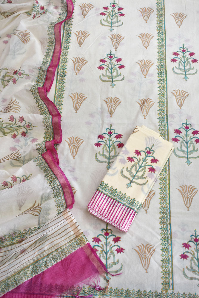 Hand Block Placement Print Cotton suit with Chanderi dupatta and panel design
