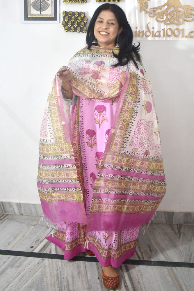 Designer Hand Block Print Cotton suit with Chanderi dupatta