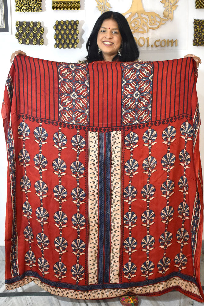 Designer Modal Silk Ajrakh Hand Block Print Kurta Fabric - 2.5 mtrs cut
