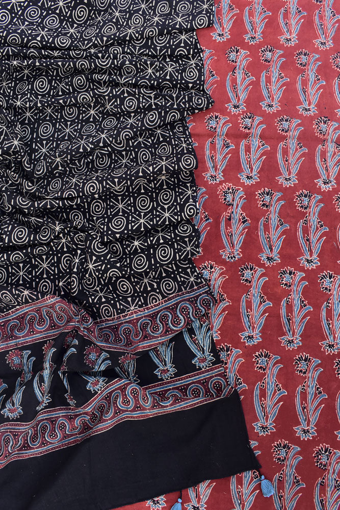 Beautiful Hand Block Printed Ajrakh Cotton Kurta fabric & Dupatta set