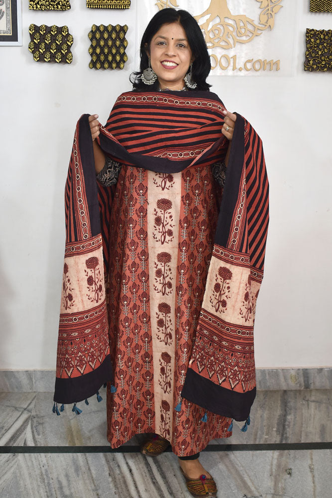 Ethnic Ajrak Block Print Cotton Suit Dupatta with Mirror Embelishments & Contrast colors