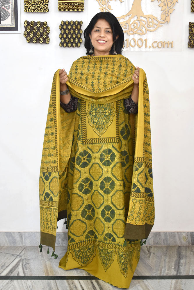 Block Print Ajrakh Cotton Suit with designer Ajrakh neck yoke /panel & Dupatta
