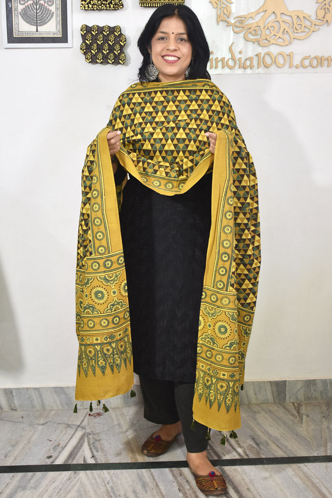 Ajrakh Hand Block Printed Cotton Dupatta with Tassels & natural dyes