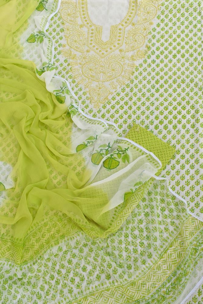 Beautiful Cotton Unstitched Suit Fabric with Chikankari & Hand Block printing