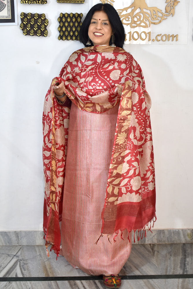 Beautiful Hand Block printed Tussar Silk Kurta Dupatta Set