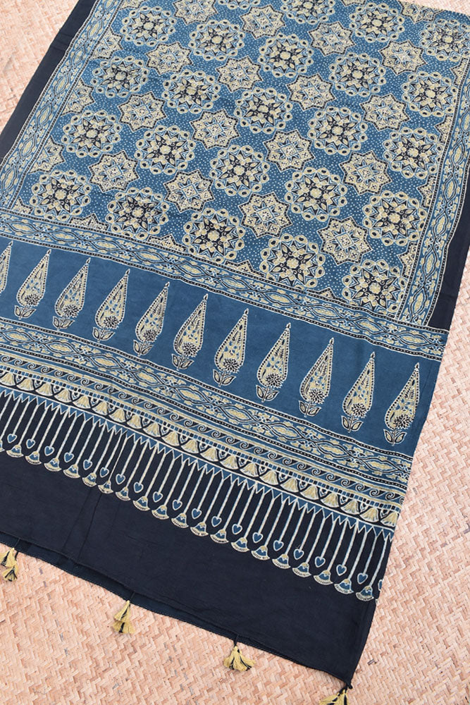 Ajrakh Hand Block Printed Cotton Dupatta with Tassels with natural dyes